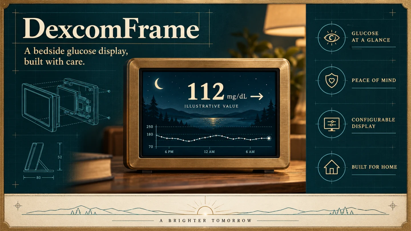 DexcomFrame engineering concept board with a bedside display, illustrative glucose value, and feature callouts.