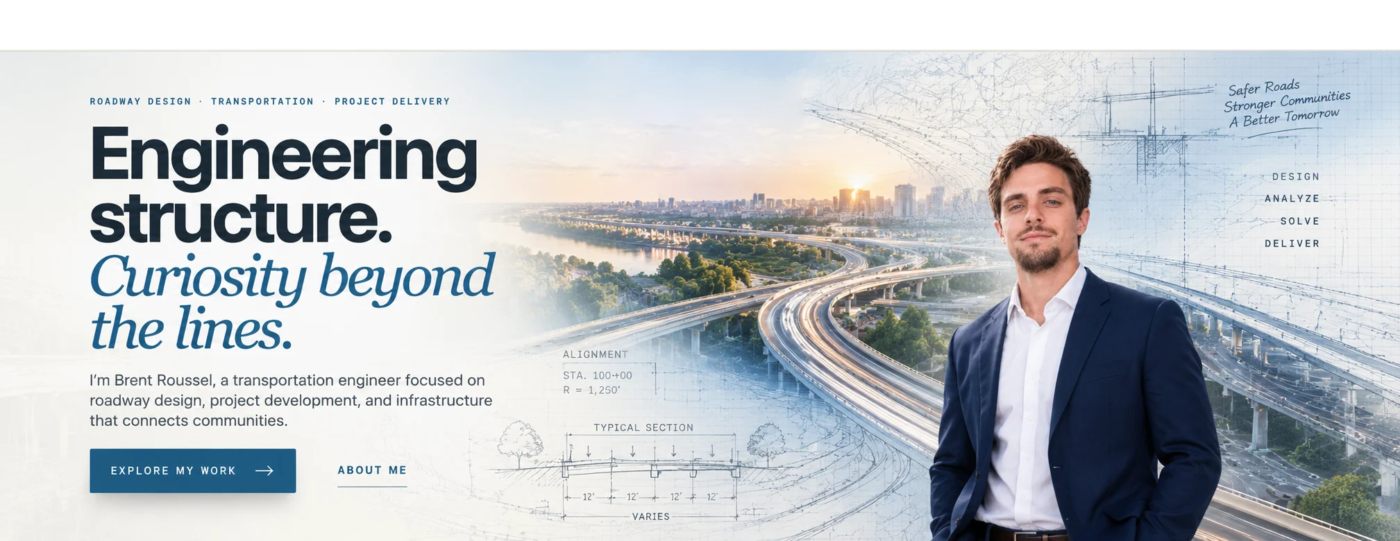 Brent Roussel in a transportation engineering themed portrait with roadway planning concepts