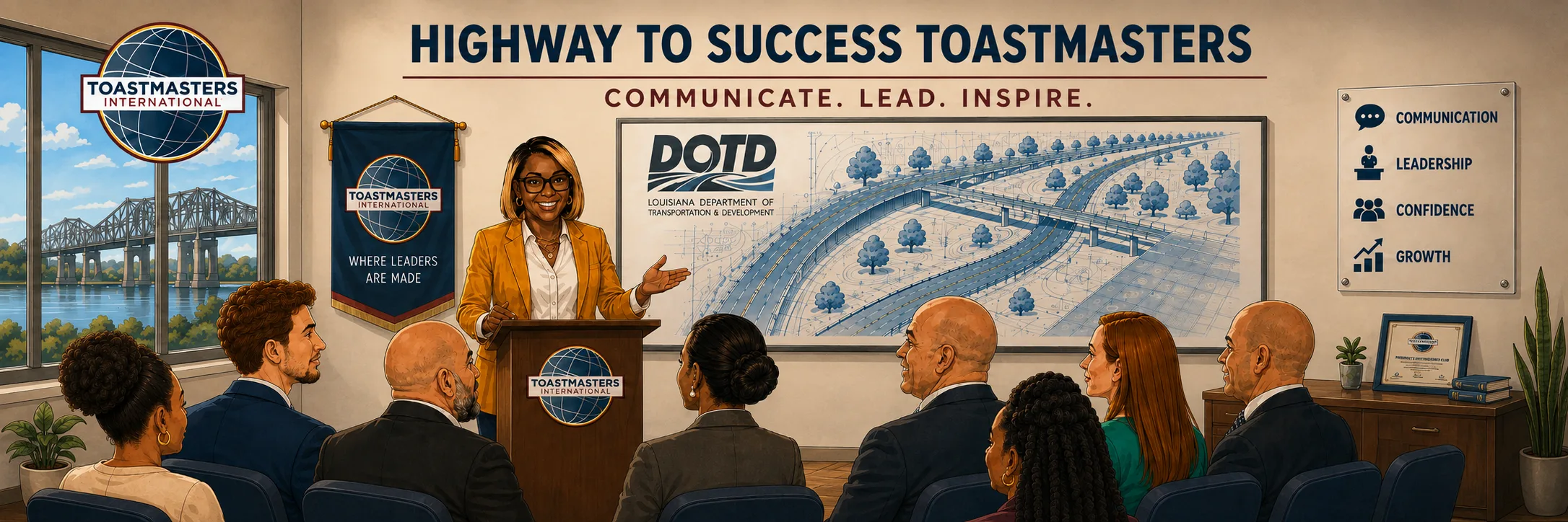 Highway to Success Toastmasters banner: Communicate. Lead. Inspire.