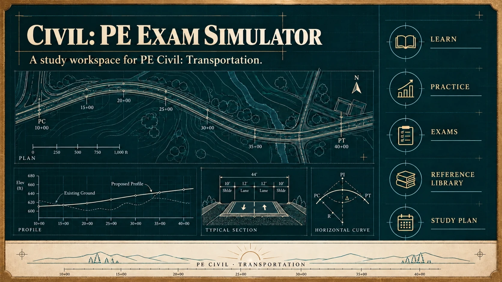 Civil: PE Exam Simulator concept board illustrating roadway study, profile, typical section, curve geometry, practice, exams, references, and a study plan.